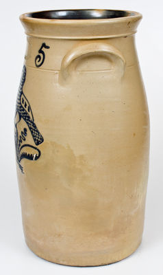 5 Gal. J. BURGER, JR. / ROCHESTER, NY Stoneware Churn w/ Slip-Trailed Bird Decoration