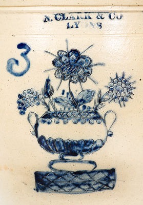Outstanding N. CLARK & CO. / LYONS Stoneware Jar w/ Elaborate Incised Flowering Urn Decoration