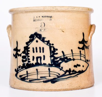 Rare J. & E. NORTON / BENNINGTON, VT Stoneware Crock w/ Cobalt House Scene