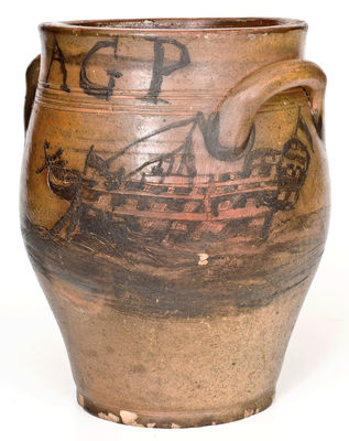 Exceptional Stoneware Jar w/ Elaborate Incised Ship Decoration, Inscribed 