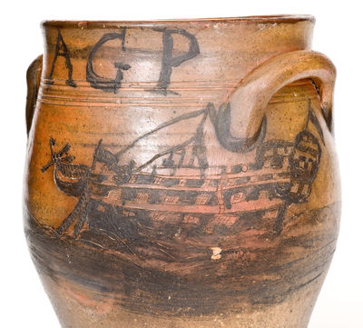 Exceptional Stoneware Jar w/ Elaborate Incised Ship Decoration, Inscribed 