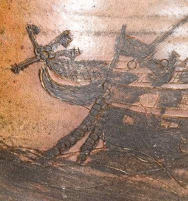 Exceptional Stoneware Jar w/ Elaborate Incised Ship Decoration, Inscribed 