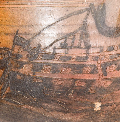 Exceptional Stoneware Jar w/ Elaborate Incised Ship Decoration, Inscribed 