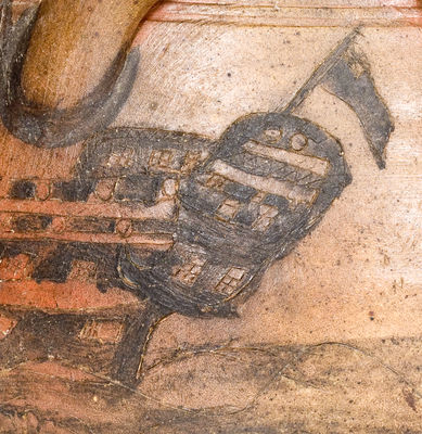 Exceptional Stoneware Jar w/ Elaborate Incised Ship Decoration, Inscribed 
