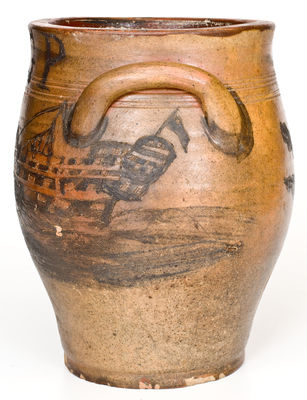 Exceptional Stoneware Jar w/ Elaborate Incised Ship Decoration, Inscribed 