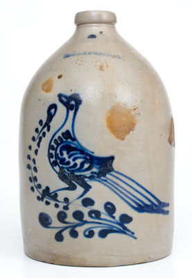 Two-Gallon W. ROBERTS. BINGHAMTON NY Stoneware Jug w/ Cobalt Bird Decoration