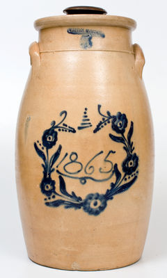 Five-Gallon WHITES UTICA 1865 Stoneware Churn with Cobalt Wreath