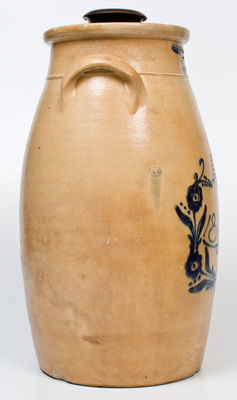 Five-Gallon WHITES UTICA 1865 Stoneware Churn with Cobalt Wreath
