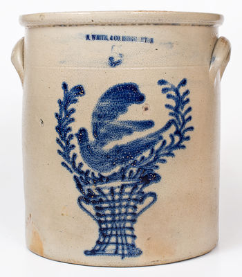 Rare Five-Gallon N. WHITE. & CO. BINGHAMTON Stoneware Crock w/ Cobalt Bird in Urn Decoration