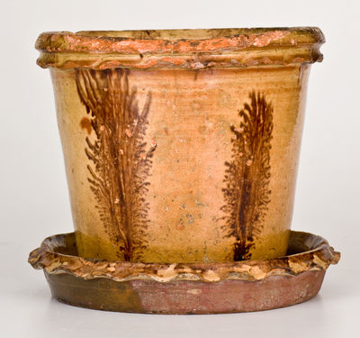Rare Mocha-Decorated Redware Flowerpot, possibly John Bell, Waynesboro, PA