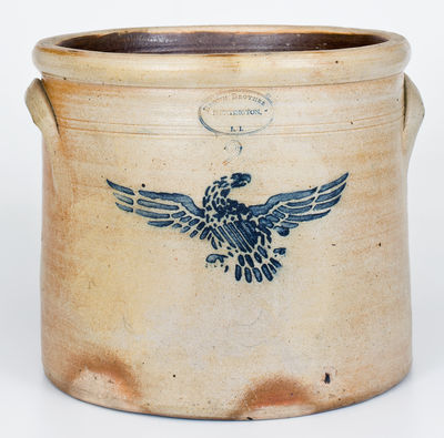 Scarce BROWN BROTHERS/ HUNTINGTON / L.I. 2 Gal. Stoneware Crock w/ Stenciled Eagle Decoration