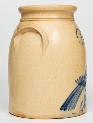 Two-Gallon N CLARK JR / ATHENS N Y Stoneware Jar w/ Cobalt Bird on Stump Decoration