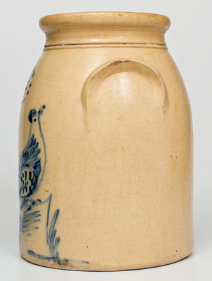 Two-Gallon N CLARK JR / ATHENS N Y Stoneware Jar w/ Cobalt Bird on Stump Decoration
