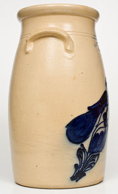 N.A. WHITE & SON, / UTICA, N.Y. Six-Gallon Stoneware Churn w/ Cobalt Paddletail Bird