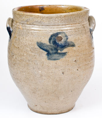 Three-Gallon Stoneware Jar w/ Coggled Designs, Old Bridge, NJ, probably Bissett Family, circa 1810's