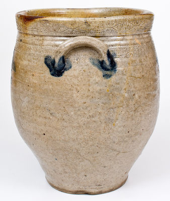 Three-Gallon Stoneware Jar w/ Coggled Designs, Old Bridge, NJ, probably Bissett Family, circa 1810's