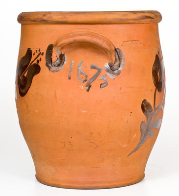 Exceedingly Rare and Important JOHN BELL / WAYNESBORO Redware Jar Inscribed by V.C. Bell for Itinerant Potter