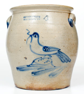 Scarce COWDEN & WILCOX / HARRISBURG, PA Four-Gallon Stoneware Jar w/ Bird-with-Worm Decoration