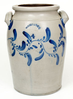 Four-Gallon Stoneware Jar w/ Cobalt Vine Decoration, HAMILTON / & CO. / Greensboro / PA