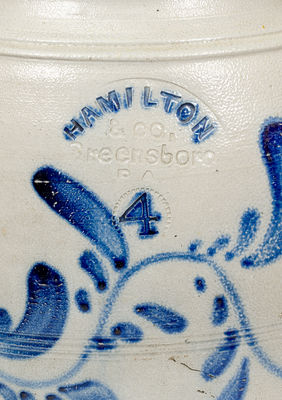 Four-Gallon Stoneware Jar w/ Cobalt Vine Decoration, HAMILTON / & CO. / Greensboro / PA