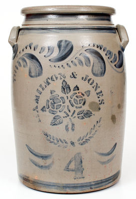 4 Gal. HAMILTON & JONES, Greensboro, PA Stoneware Jar w/ Bold Stenciled Rose Decoration