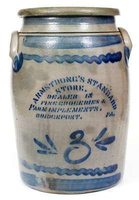 3 Gal. Western PA Stoneware Jar with Bold Stenciled BRIDGEPORT, PA Advertising