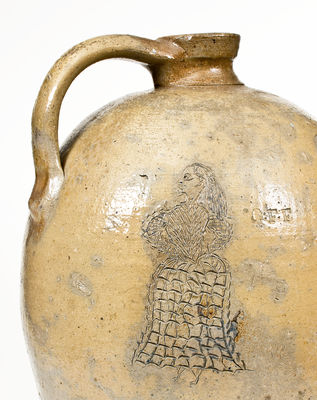 Outstanding Ohio Stoneware Jug w/ Elaborate Incised / Impressed Designs incl. Horse, Tree and Woman Motifs