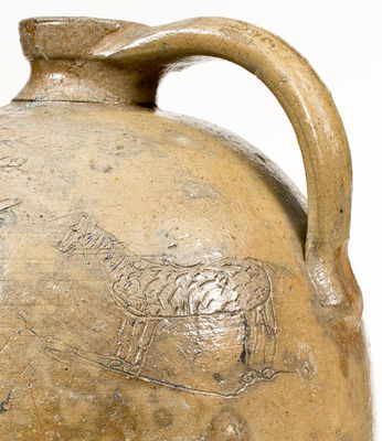 Outstanding Ohio Stoneware Jug w/ Elaborate Incised / Impressed Designs incl. Horse, Tree and Woman Motifs