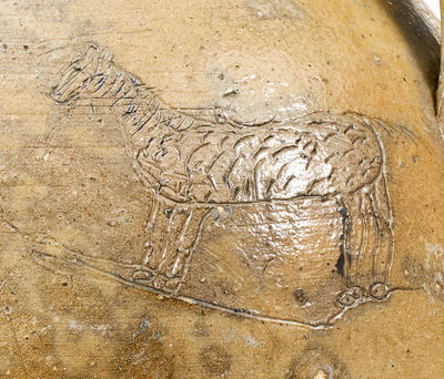 Outstanding Ohio Stoneware Jug w/ Elaborate Incised / Impressed Designs incl. Horse, Tree and Woman Motifs