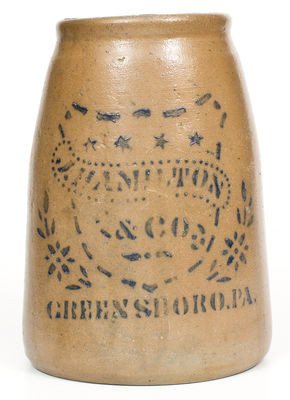 J. HAMILTON & CO. / GREENSBORO, PA Stoneware Canning Jar w/ Shield and Stars Decoration