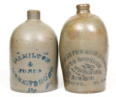 Lot of Two: Small Western PA Stoneware Jugs, HAMILTON & JONES and WHEELING, WV Advertising