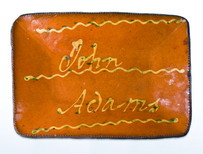 Exceedingly Rare John Adams Slip-Decorated Redware Platter, Norwalk, Connecticut