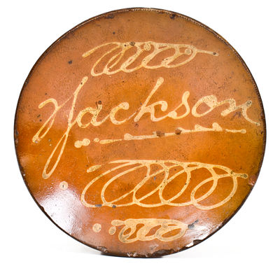 Extremely Rare Andrew Jackson Slip-Decorated Redware Charger, Norwalk, CT