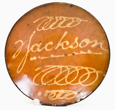 Extremely Rare Andrew "Jackson" Slip-Decorated Redware Charger, Norwalk, CT