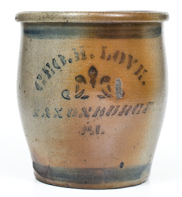 Rare SAXONBURGH, PA Stenciled Stoneware Advertising Jar