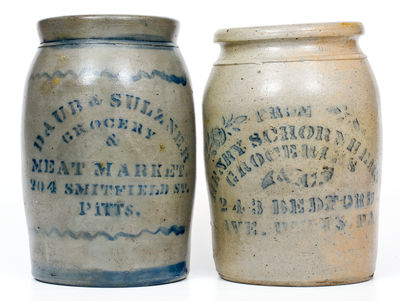 Lot of Two: Western PA Stoneware Jars with PITTSBURGH MEAT MARKET and GROCERIES Advertising