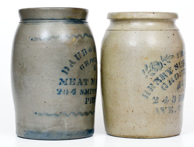 Lot of Two: Western PA Stoneware Jars with PITTSBURGH MEAT MARKET and GROCERIES Advertising