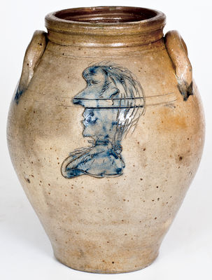 Extremely Rare Stoneware Jar with Incised Gentleman's Profile, Old Bridge, NJ, circa 1820