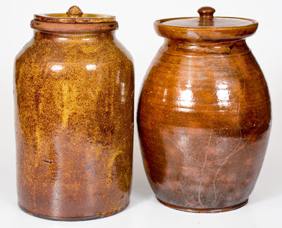 Lot of Two: Probably New York State Glazed Redware Jars with Lids