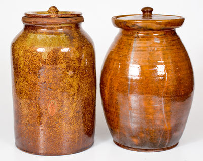 Lot of Two: Probably New York State Glazed Redware Jars with Lids