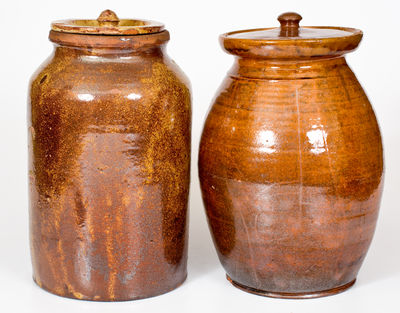 Lot of Two: Probably New York State Glazed Redware Jars with Lids