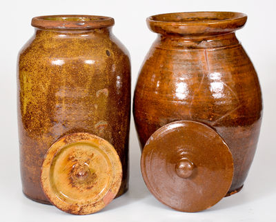 Lot of Two: Probably New York State Glazed Redware Jars with Lids