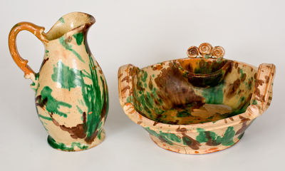 Multi-Glazed Redware Pitcher and Washbowl Set, attrib. J. Eberly & Co., Strasburg, VA, circa 1890