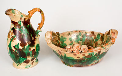 Multi-Glazed Redware Pitcher and Washbowl Set, attrib. J. Eberly & Co., Strasburg, VA, circa 1890