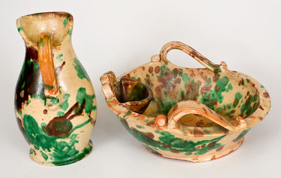 Multi-Glazed Redware Pitcher and Washbowl Set, attrib. J. Eberly & Co., Strasburg, VA, circa 1890