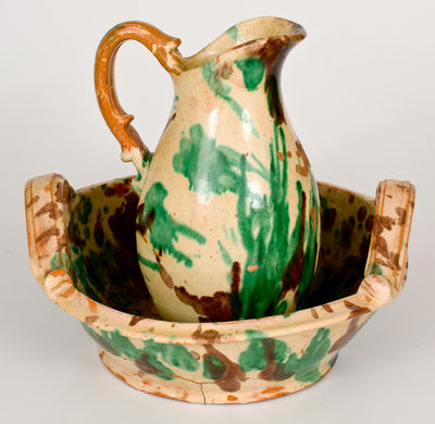 Multi-Glazed Redware Pitcher and Washbowl Set, attrib. J. Eberly & Co., Strasburg, VA, circa 1890