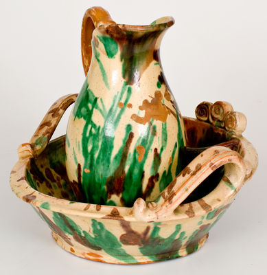 Multi-Glazed Redware Pitcher and Washbowl Set, attrib. J. Eberly & Co., Strasburg, VA, circa 1890