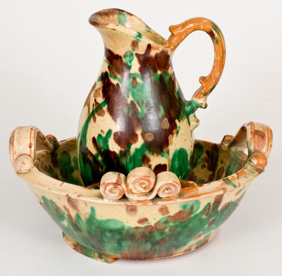 Multi-Glazed Redware Pitcher and Washbowl Set, attrib. J. Eberly & Co., Strasburg, VA, circa 1890