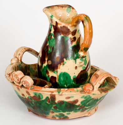 Multi-Glazed Redware Pitcher and Washbowl Set, attrib. J. Eberly & Co., Strasburg, VA, circa 1890