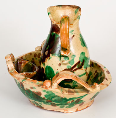 Multi-Glazed Redware Pitcher and Washbowl Set, attrib. J. Eberly & Co., Strasburg, VA, circa 1890